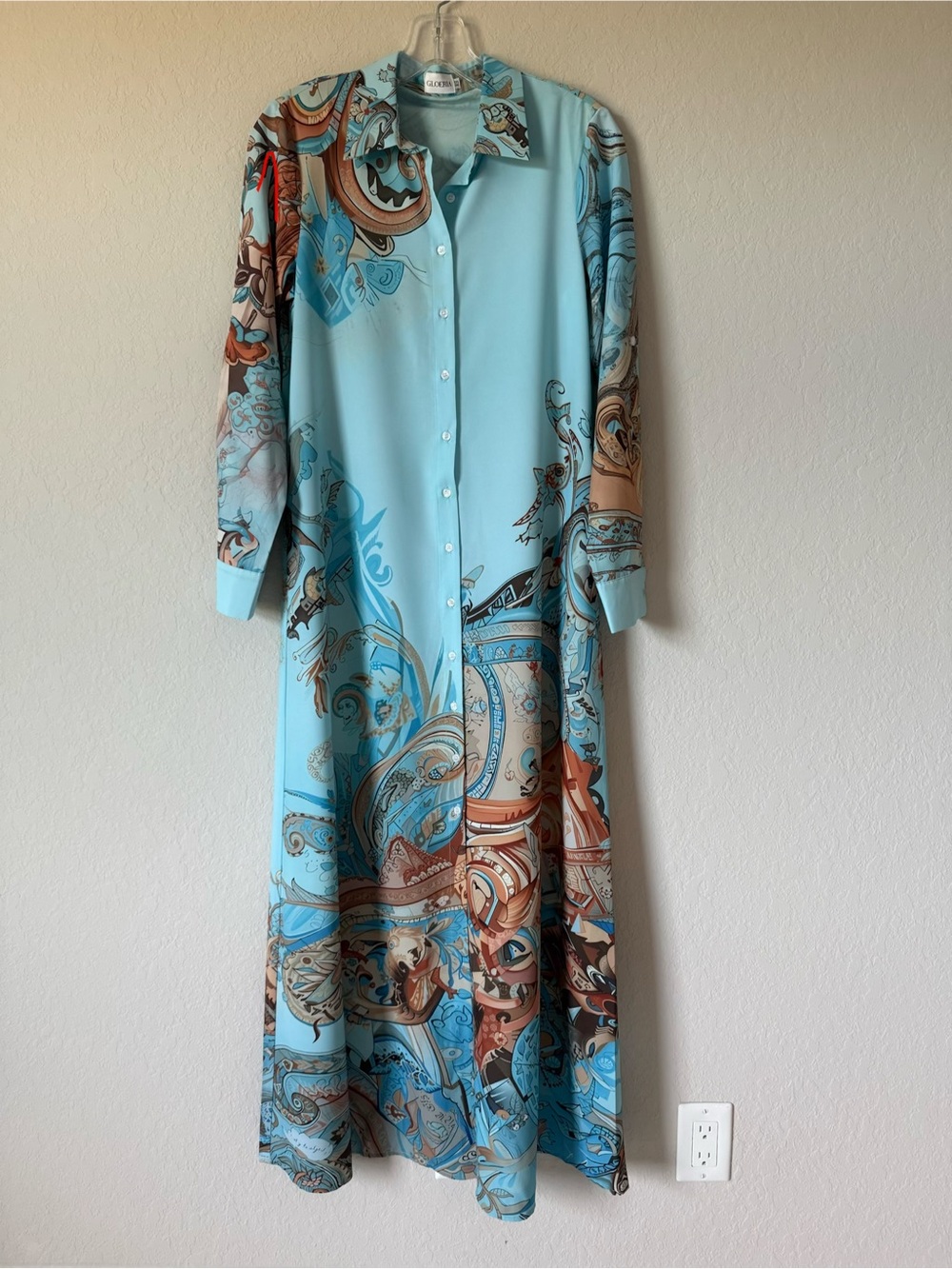 Light Blue Paisley Button-Front Maxi Dress